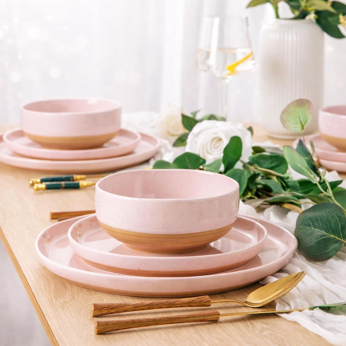 AmorArc Ceramic Dinnerware Sets for 4, 12 Pieces Handpainted Plates and Bowls Set with Rustic Terracotta Underside, Scratch Resistant Stoneware Dishes Set, Dishwasher & Microwave Safe,Light Beige