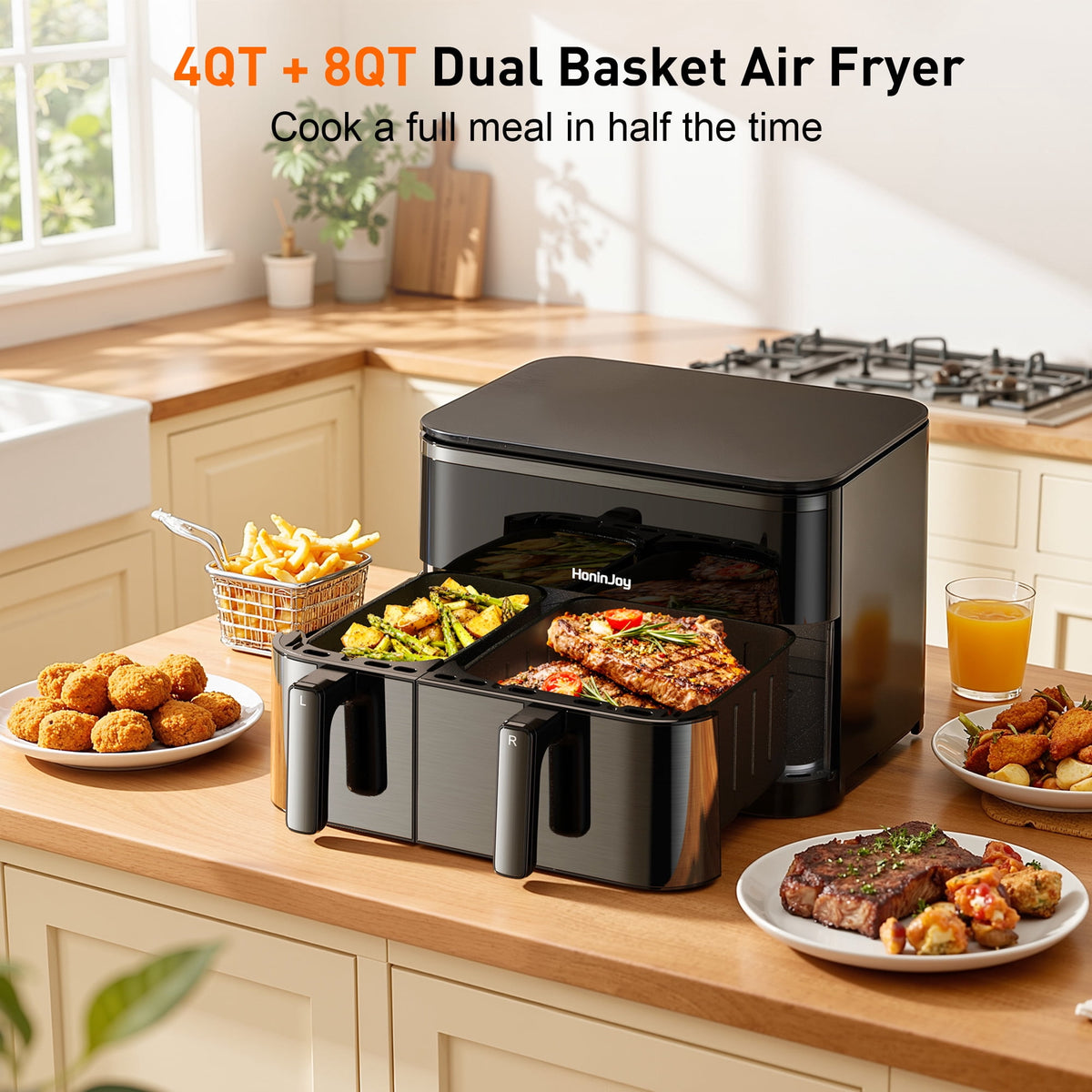 HoninJoy 12 QT Large Dual Basket Air Fryer, With Visible Cooking Window( 50PCS Air Fryer Liners Included)-New
