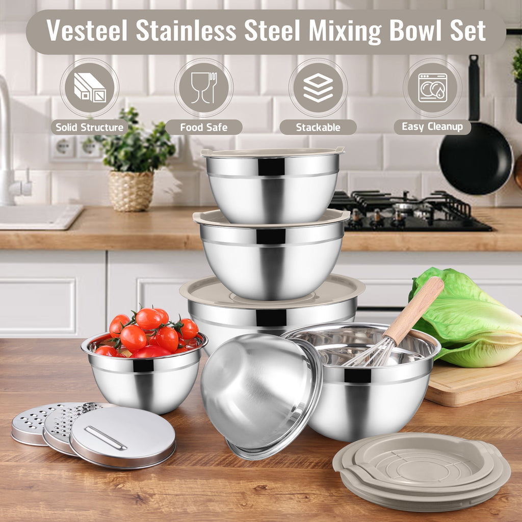 Mixing Bowls with Lids Set of 9, Vesteel Stainless Steel Mixing Bowls Metal Nesting Salad Bowls Attach with 3 Graters for Kitchen Grating/ Shredding, Size 4.6, 2.6, 2, 1.5, 1, 0.7 QT - Multi-Color