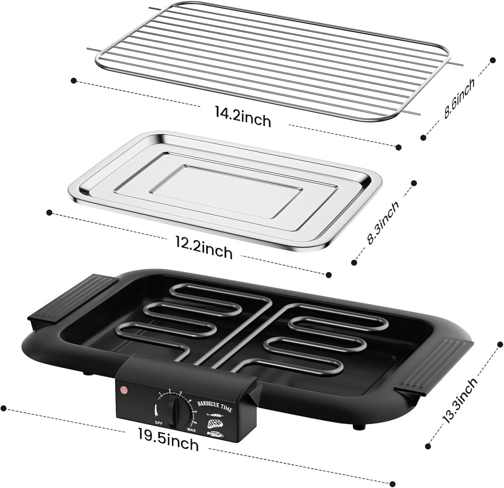 LASIEYO Electric Smokeless Grill, Non-Stick BBQ Grill Indoor Outdoor Barbecue Grill, Adjustable Temperature Control High Power Portable Removable Stand Grill for Cooking BBQ Party, Black