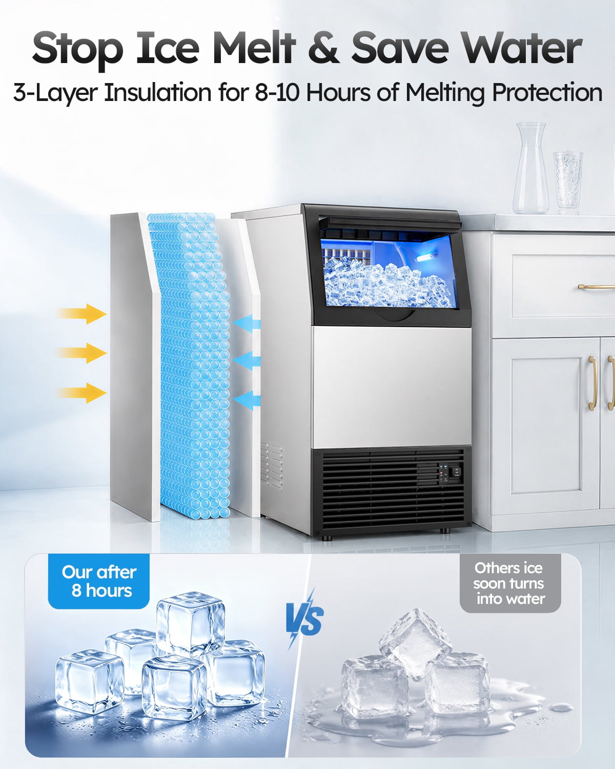 Ecojoy Commercial Ice Maker Machine, 150 Lbs/Day Stainless Steel Under Counter Ice Maker, 40Lbs Ice Storage Bin, Water Filter, 45 Cubes in 8-12 Mins