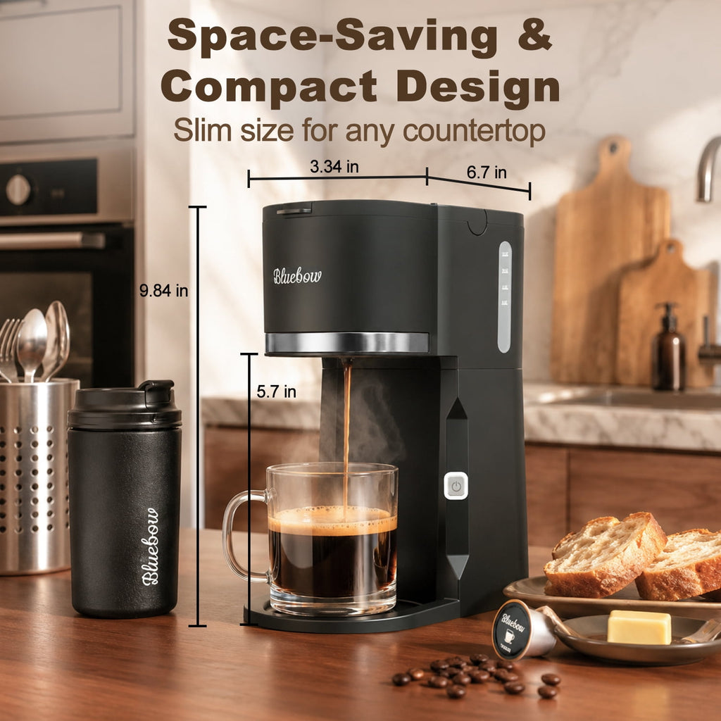 Bluebow Single Serve Coffee Maker, 6-12oz Brew Size for K Cup Pod & Ground Coffee& Tea, Fast Brew One Cup Small Coffee Machine for Home and Travel, Black