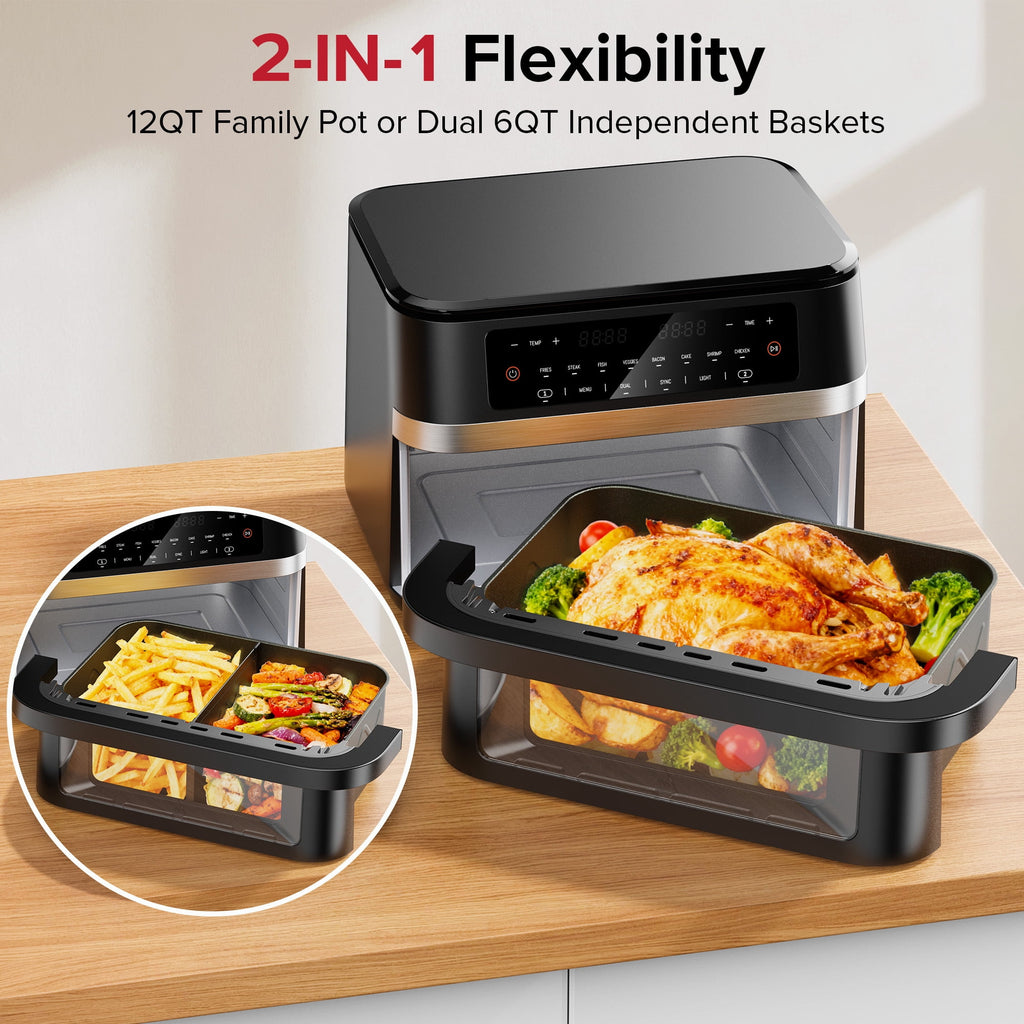 HoninJoy 12 QT Large Dual Basket Air Fryer, With Visible Cooking Window( 50PCS Air Fryer Liners Included)-New