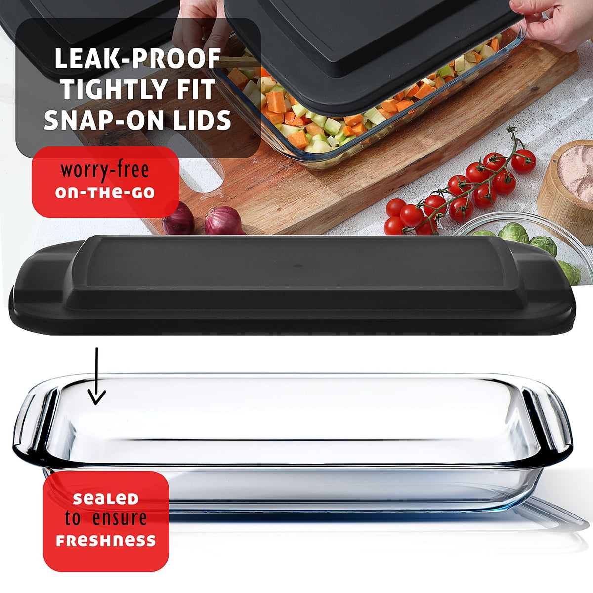 Virtu Casserole Glass Baking Dish, 8pc Stackable Glass Food Storage Containers with Airtight Lids and Grip Handles, Black