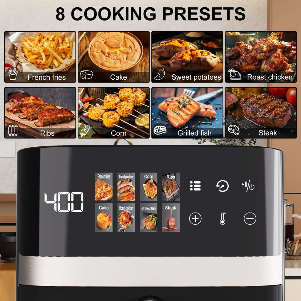 Bluebow 6QT Air Fryer, 8-in-1 Electric Hot Oven with Digital LED Touchscreen, Visible Window, 1500W, New, Black