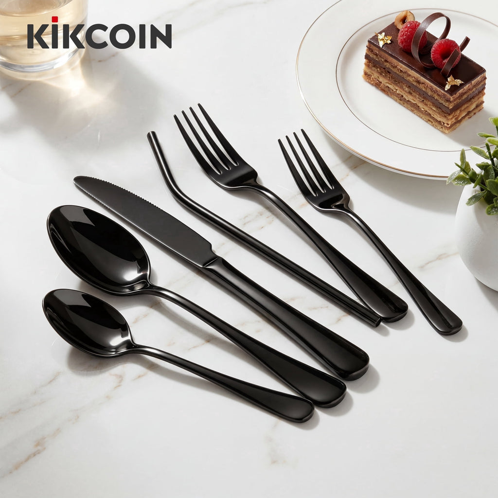 Kikcoin 42 Pcs Silverware Set for 8, Stainless Steel Flatware Set, Mirror-Polished Spoons, Forks and Knife Set, Cutlery Utensils Set for Kitchen, Wedding and Restaurant, Black