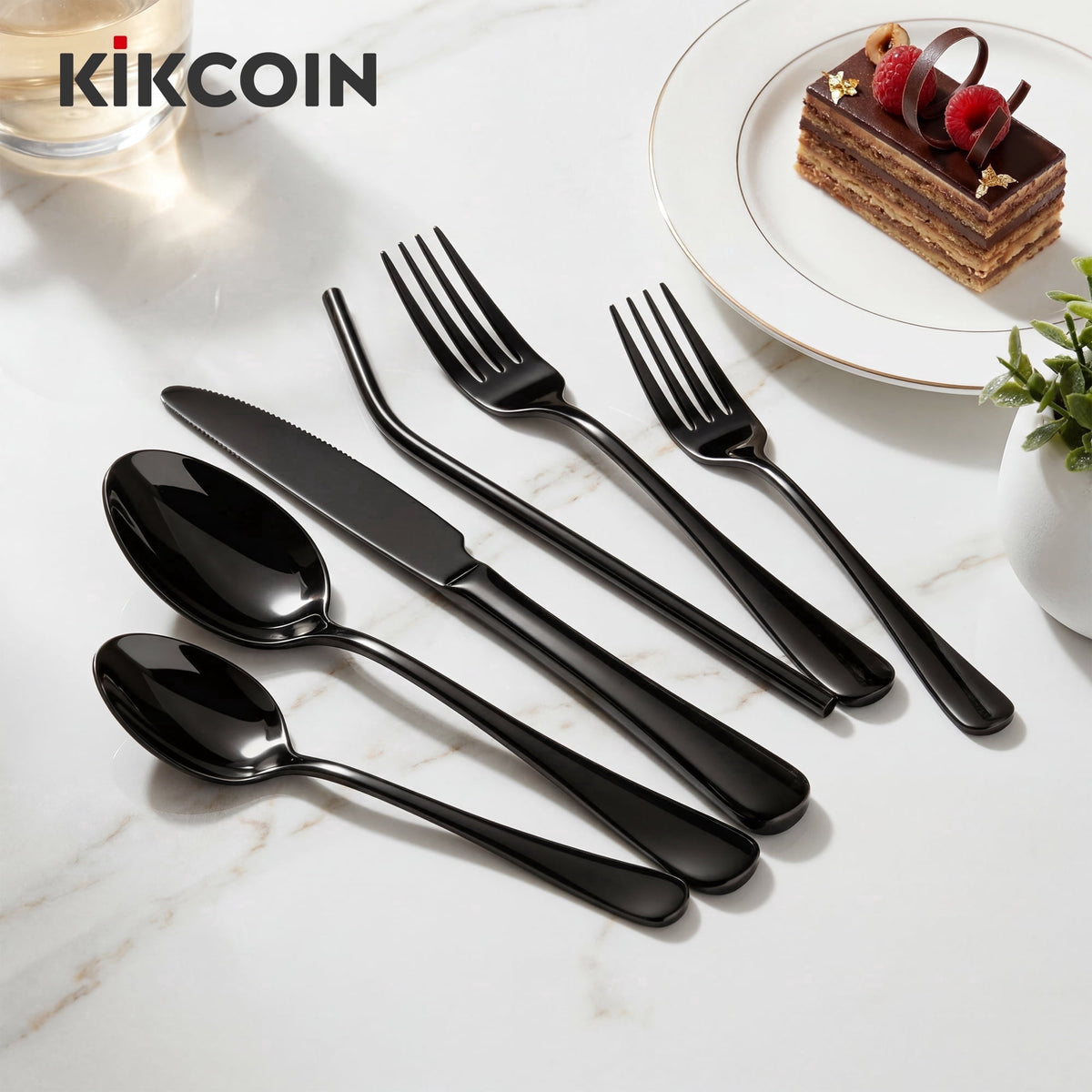 Kikcoin 42 Pcs Silverware Set for 8, Stainless Steel Flatware Set, Mirror-Polished Spoons, Forks and Knife Set, Cutlery Utensils Set for Kitchen, Wedding and Restaurant, Black