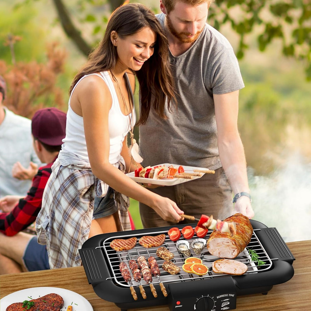 LASIEYO Electric Smokeless Grill, Non-Stick BBQ Grill Indoor Outdoor Barbecue Grill, Adjustable Temperature Control High Power Portable Removable Stand Grill for Cooking BBQ Party, Black