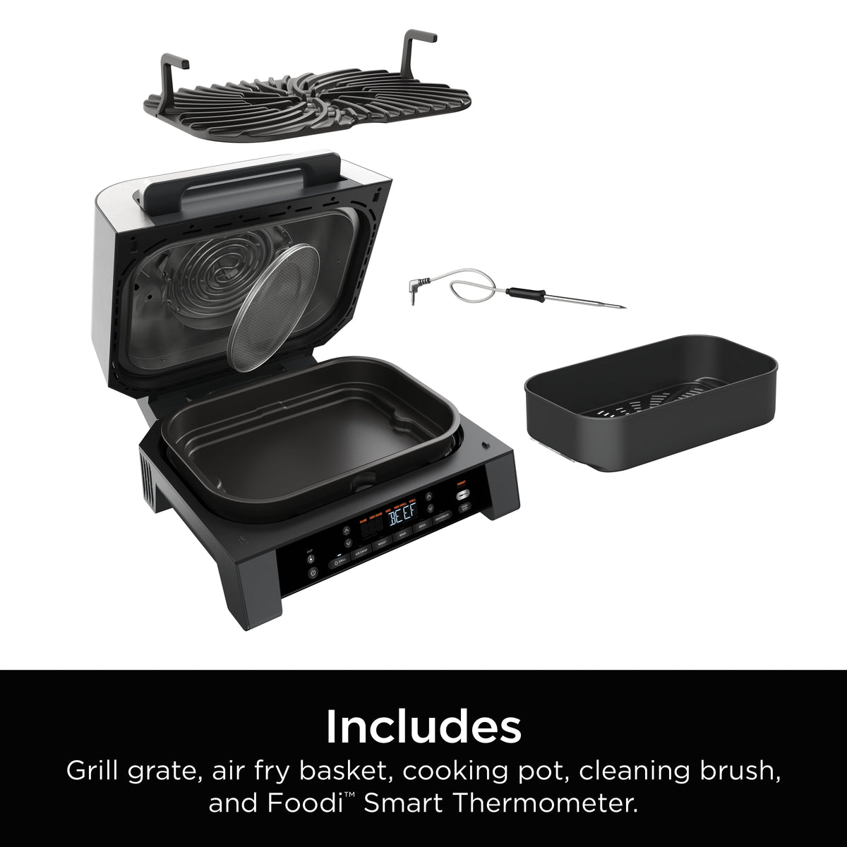 Ninja Foodi Smart XL 6-in-1 Indoor Grill with Air Fry, Roast, Bake, Broil, & Dehydrate, Foodi Smart Thermometer, 2nd Generation, Black/Silver DG551