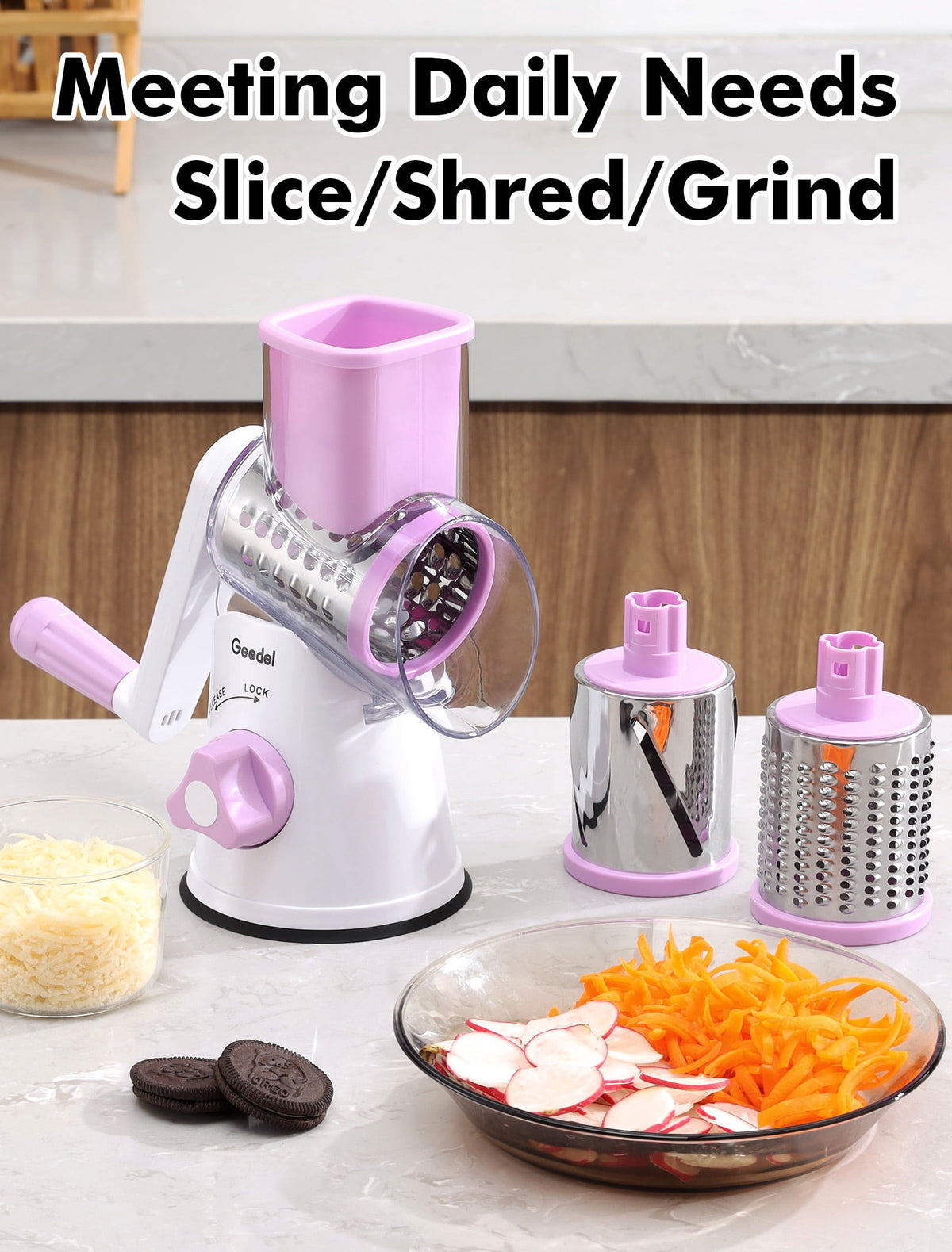 Geedel Rotary Cheese Grater, Kitchen Grater with Strong Suction Base, Dishwasher Safe, Easy to Clean Grater for Cheese,Vegetable, Nuts (3 Blades)