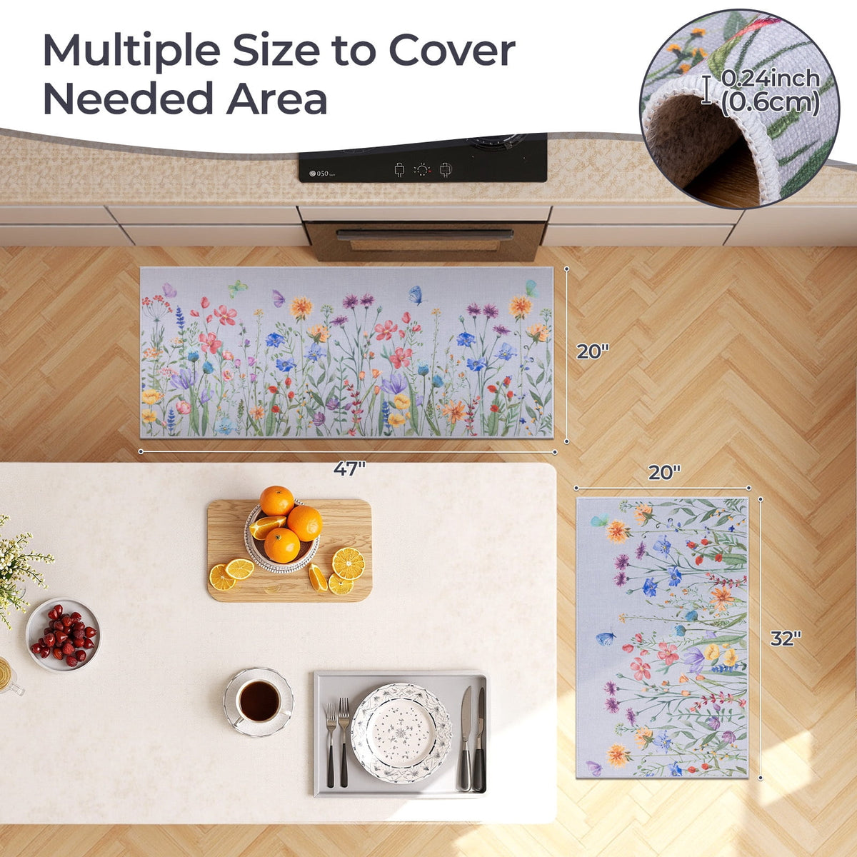 Findosom Floral Non-Slip Kitchen Rugs Set of 3,Washable Kitchen Mat Farmhouse Kitchen Floor Mats Runner for Home Sink Entrance Laundry Hallway,20"x32"+20"x47"+20"x59" Beige