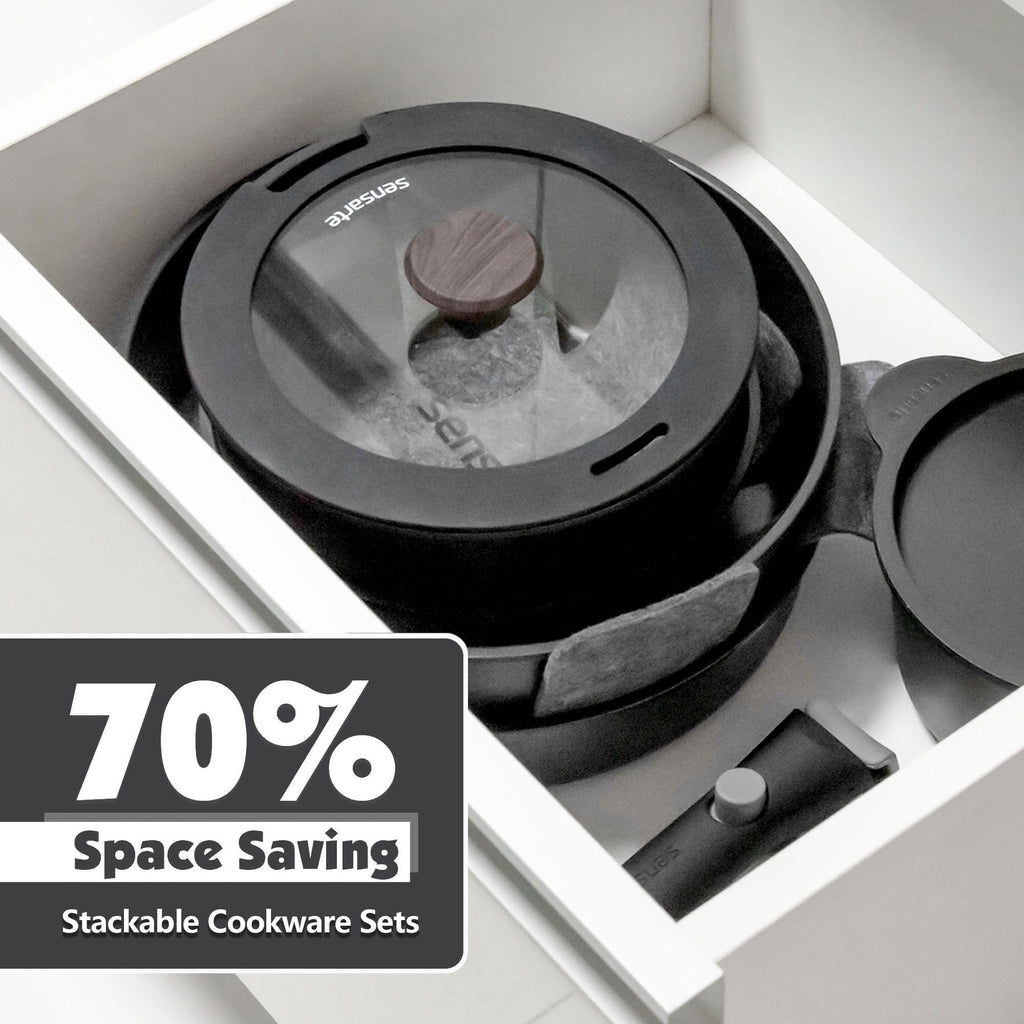 SENSARTE 18-Piece Ceramic Cookware Set with Detachable Handle, Gray Nonstick Pots and Pans Set, Induction Compatible, Dishwasher/Oven Safe, Healthy Cooking Set for RV & Camping