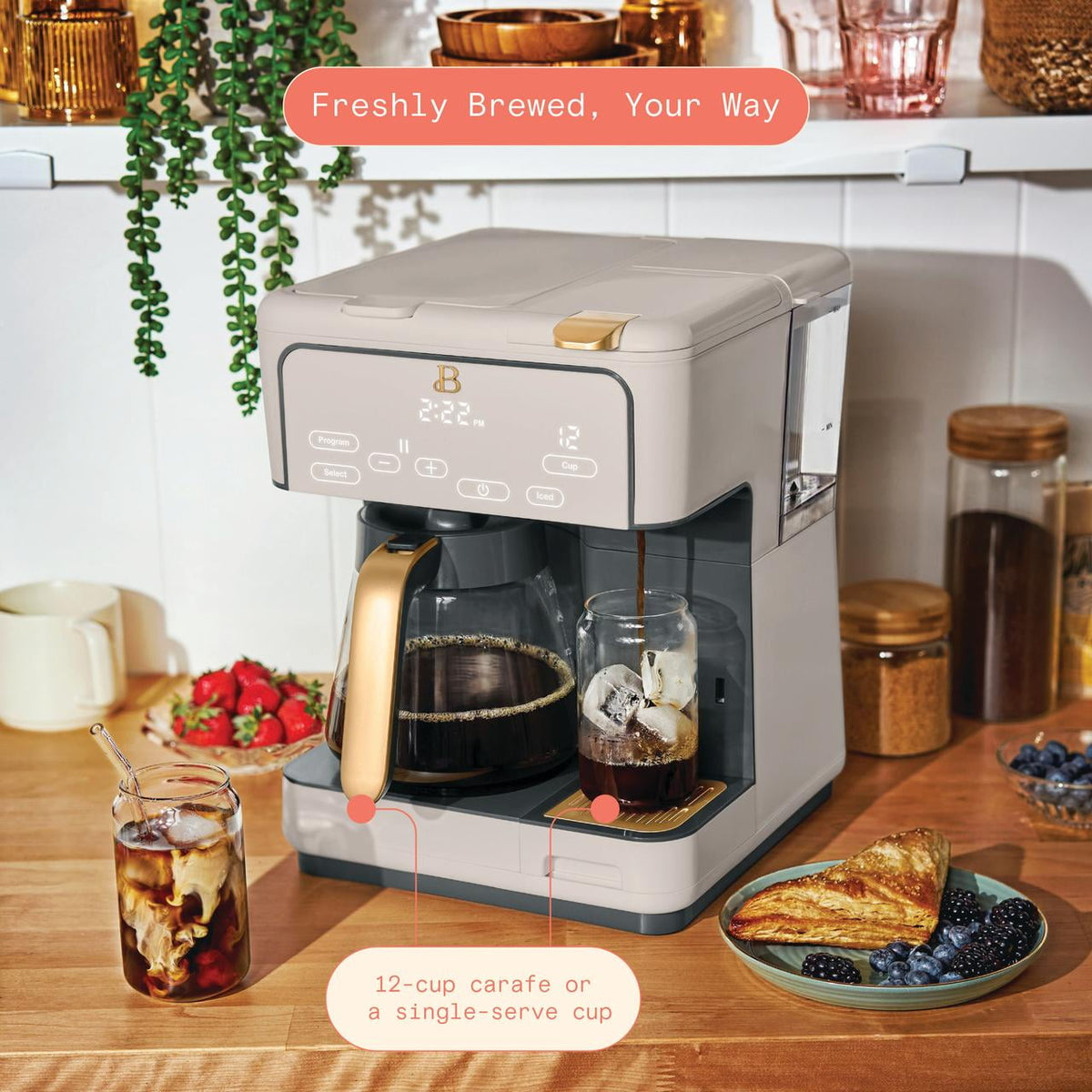 Beautiful by Drew Barrymore Multi-Brew 12-Cup Programmable Drip & Single-Serve Coffee Maker, White Icing