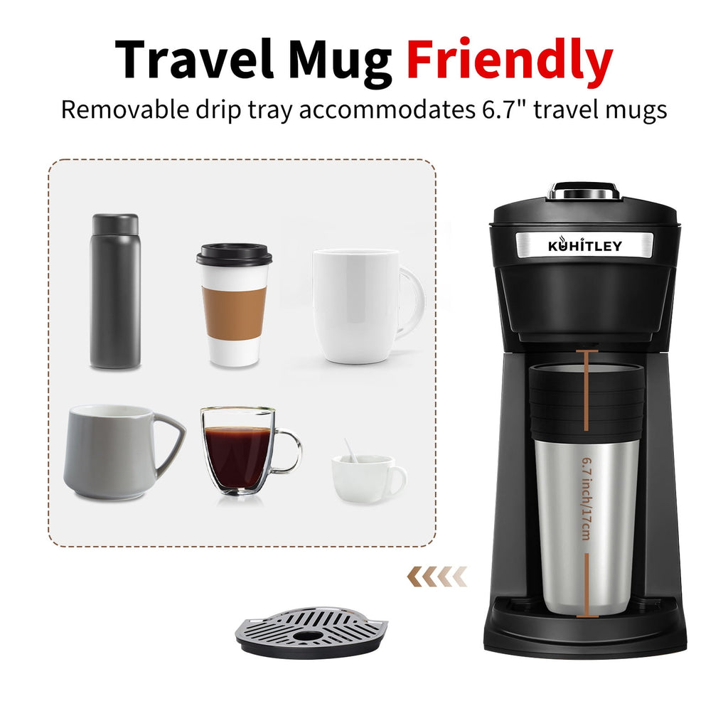 2 in 1 Single Serve Coffee Maker for K Cup Pods & Ground Coffee, Mini K Cup Coffee Machine with 6 to 14 oz Brew Sizes, Single Cup Coffee Brewer with One-Press Fast Brewing, Reusable Filters,Black