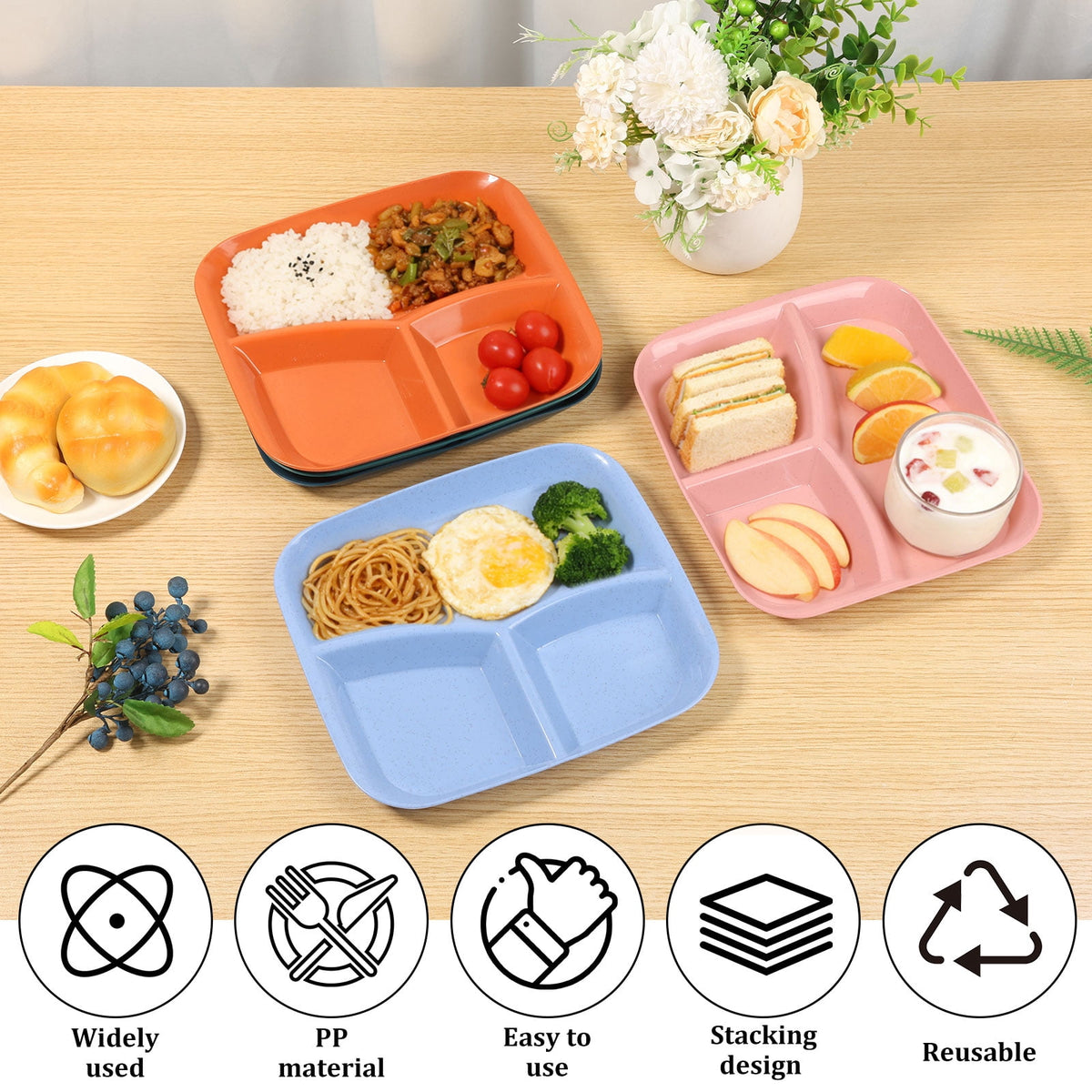 Evjurcn 6Pcs Divided Dinner Plates 3 Compartment Unbreakable Dinner Diet Plates Stackable Portion Control Dish Reusable Divider Plates Microwave Dishwasher Safe for Kids Adults Seniors