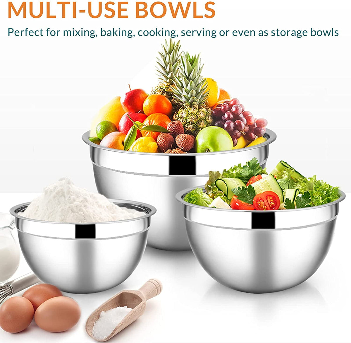 Mixing Bowls with Lids Set of 5, Vesteel Stainless Steel Mixing Bowls Metal Nesting Salad Bowls, Size 4.5, 3, 1.5, 1, 0.7 QT Great for Cooking, Baking, Serving - Multi-Color