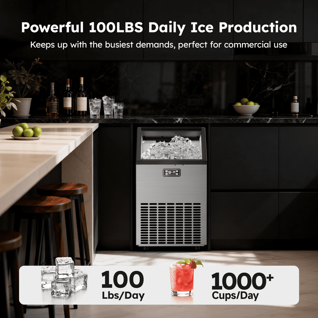 Simzlife Commercial Ice Maker, 100 Lbs/24H, Freestanding or Built-In, 33 Lb Storage Bin, Stainless Steel Ice Machine