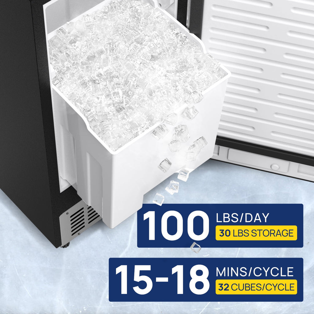 Coolake 15 inch 100lbs/Day Built-in Ice Maker, Stainless Steel Undercounter Ice Machine, Self-Cleaning, 30lbs Storage, 115v