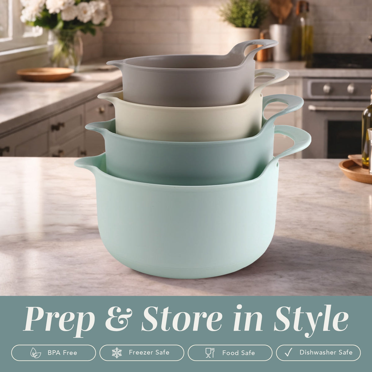 COOK WITH COLOR Mixing Bowls Set, 4-Piece Non-Slip Mixing Bowls with Pour Spouts & Handles, Black Speckled