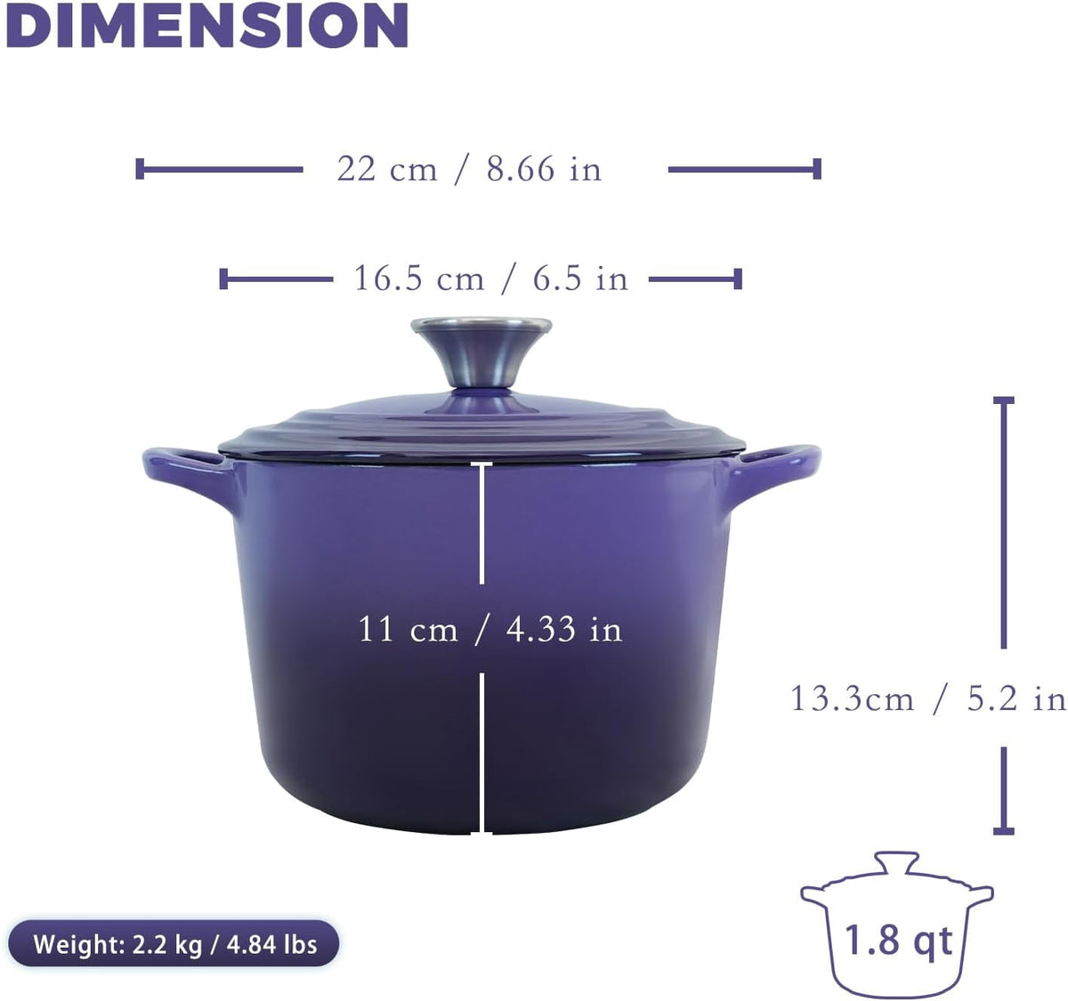 Flavehc Dutch Oven Pot with Lid 2.8 qt Cast Iron Dutch Oven for Bread Baking Slateblue Enameled Cast Iron Rice Pot with Handels