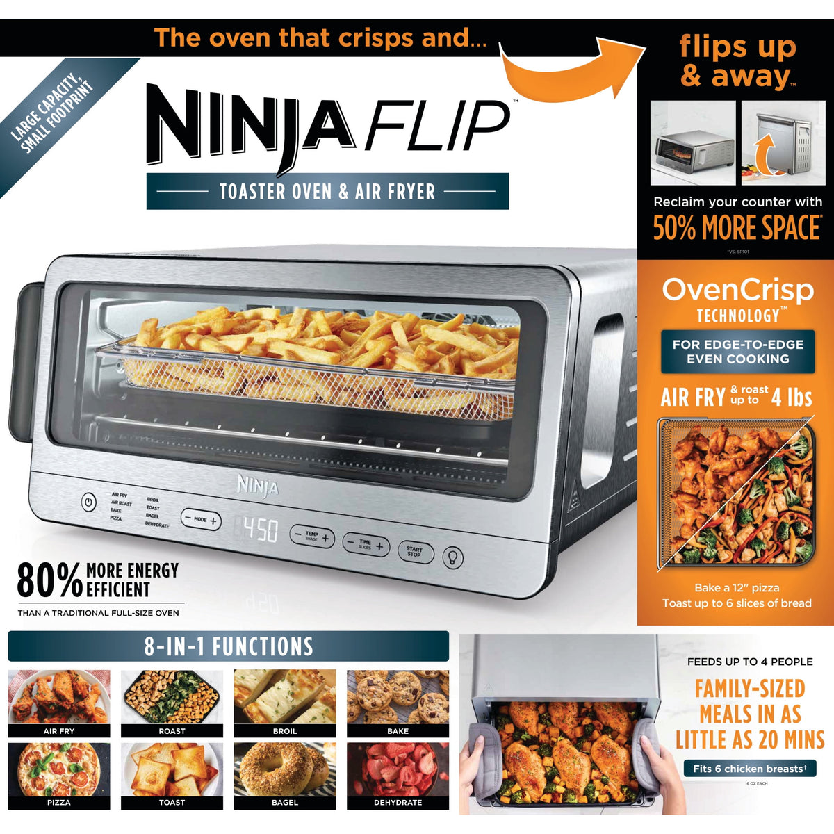 Ninja Flip Toaster Oven & Air Fryer, 8-in-1 Functionality, Storage Space, Air Fry Basket, Sheet Pan, Wire Rack & Removable Crumb Tray, SP151 Stainless