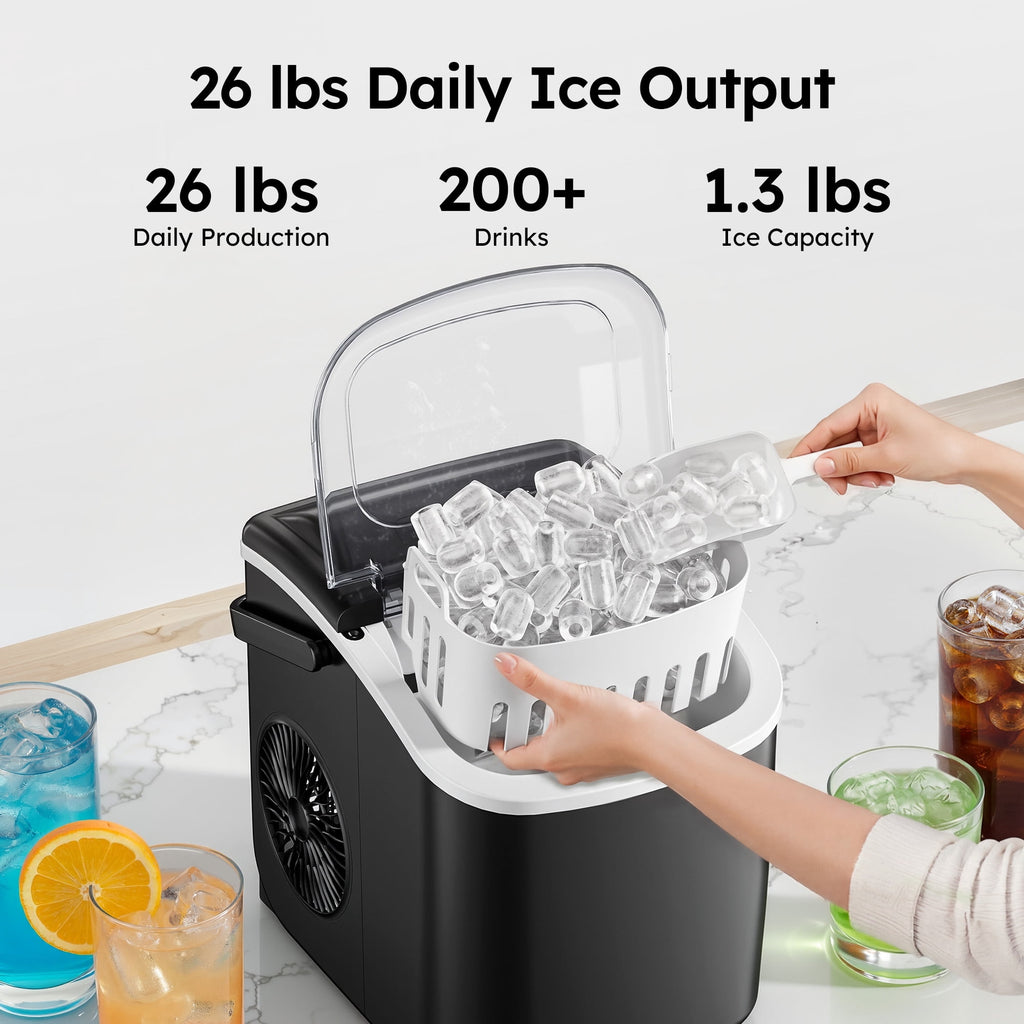 Simzlife Countertop Ice Maker, 26 Lbs/24H, 9 Bullet-Shaped Ice Cubes in 6 Minutes, Auto-Cleaning Ice Machine, Black