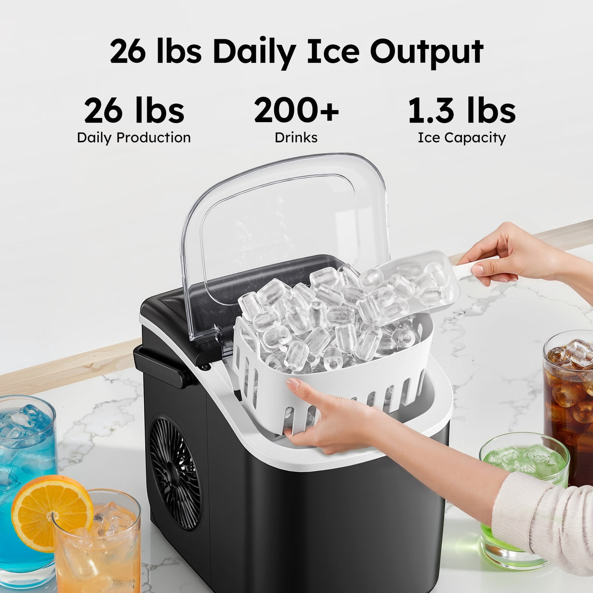 Simzlife Countertop Ice Maker, 26 Lbs/24H, 9 Bullet-Shaped Ice Cubes in 6 Minutes, Auto-Cleaning Ice Machine, Black