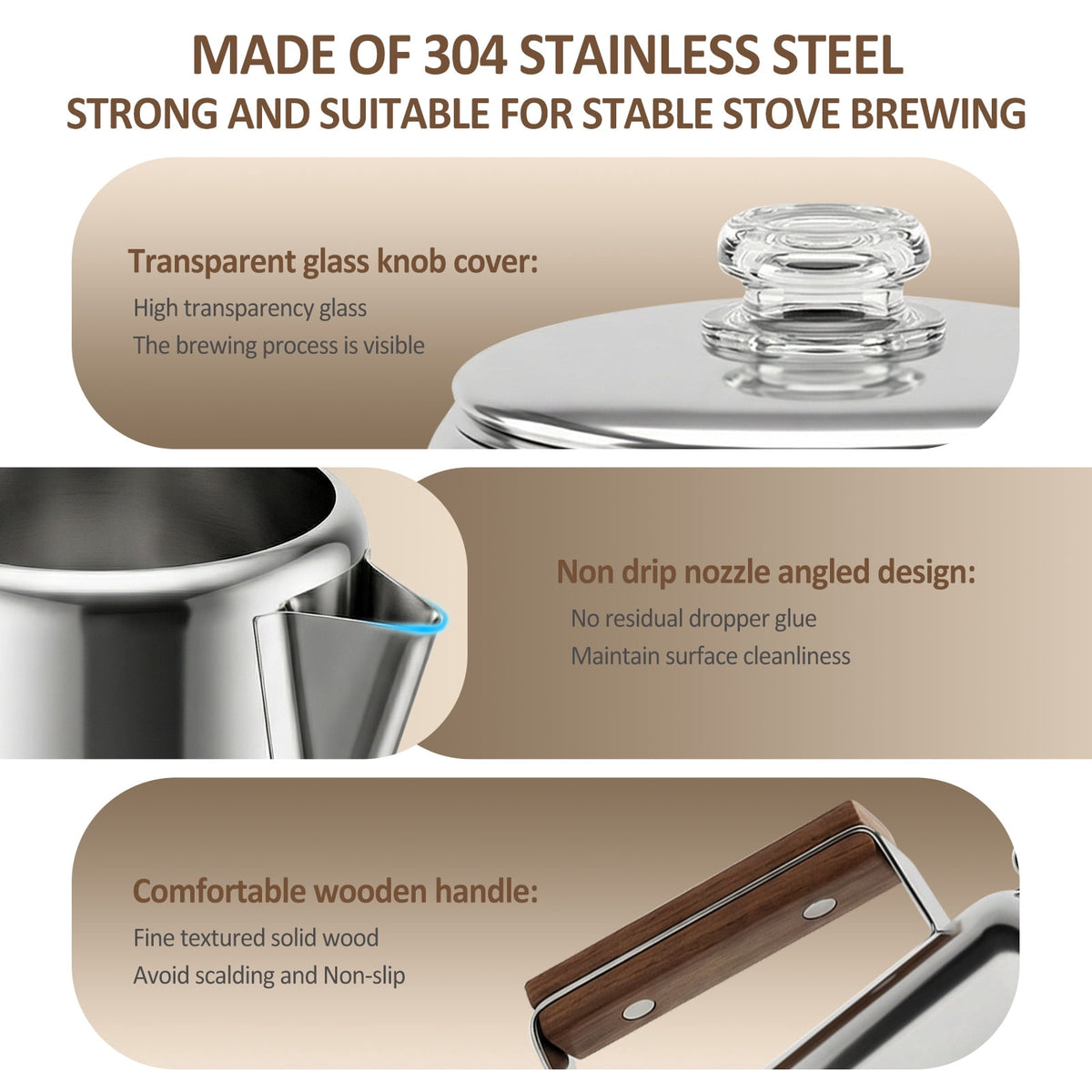 Jetcloudlive Stainless Steel Coffee Percolator 6-Cup Camping Coffee Pot with Glass Knob Portable Percolator Coffee Pot for Campfire or Stove Top Coffee Making