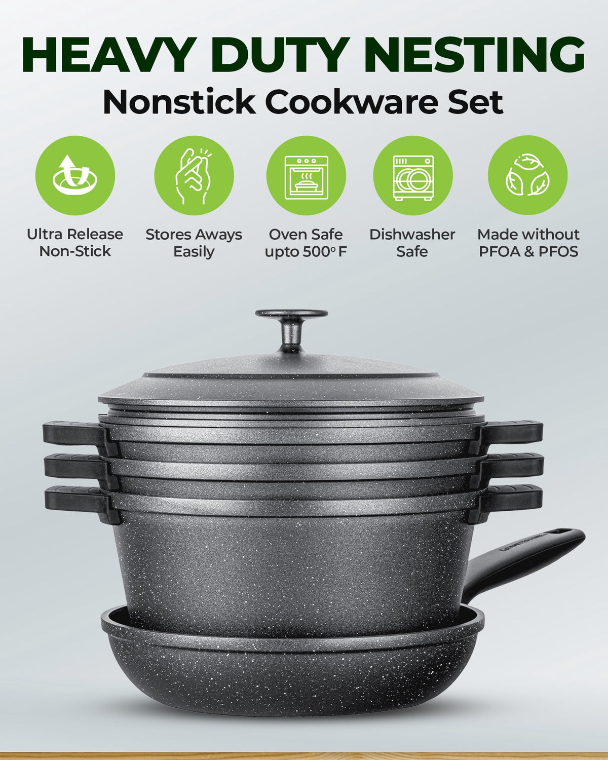 Granitestone 6Pcs Pots and Pans Set Nonstick, Nesting Ceramic Cookware Set Nonstick, Induction & Oven Safe, Save 25% Space by Nesting, Black