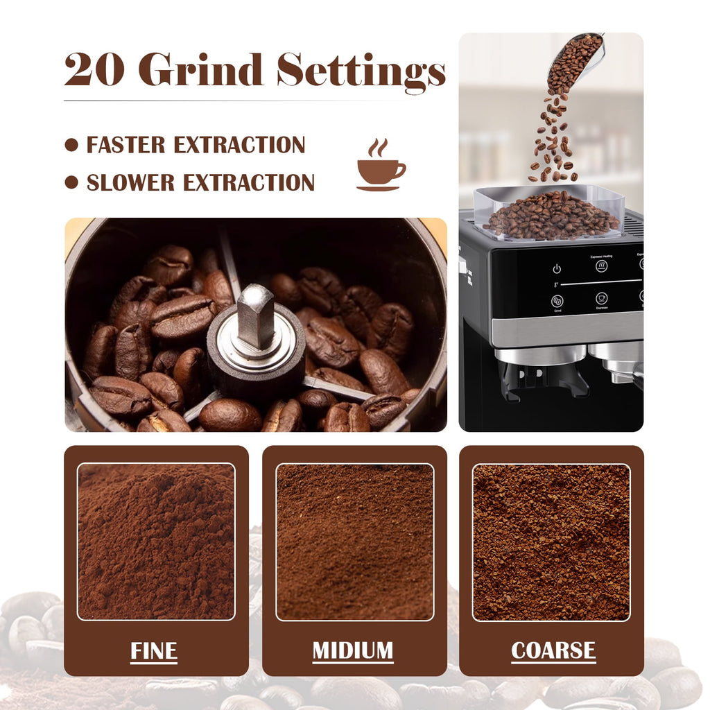 Bluebow Espresso Machine with Grinder, 20Bar Semi-Automatic Coffee Maker with Milk Frother, Professional Cappuccino Latte Machine for Home, Office