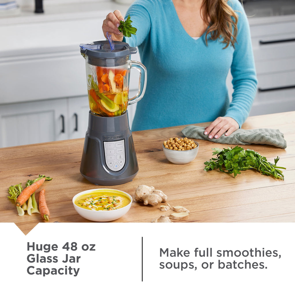 BLACK+DECKER Quiet Blender, 48 oz Glass Jar + 24 oz Personal Jar, 1000W, 3 Speeds