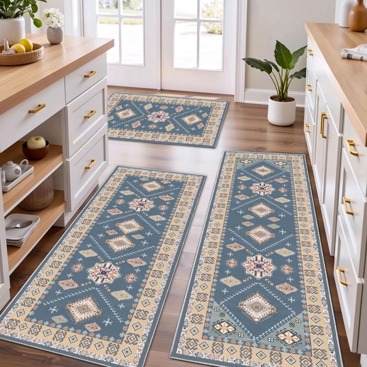 TECHVIDA Kitchen Rug Set 3 Piece,Non Slip Machine Washable Kitchen Mats, Farmhouse Hallway Doormat for Home Floor and Living Room,Gray