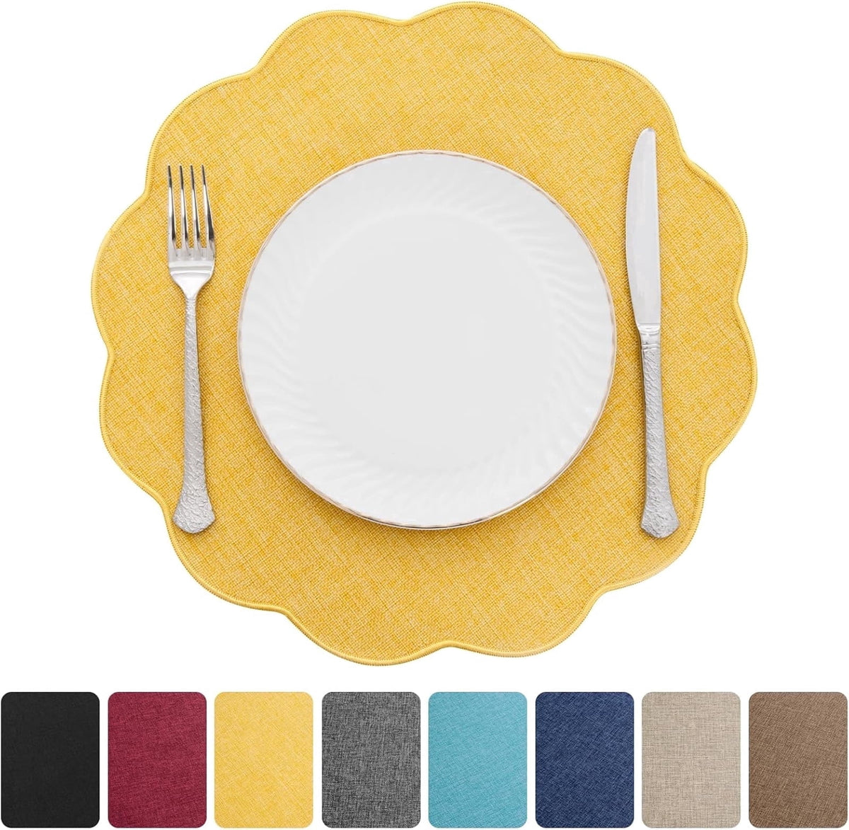Ileading Scalloped Round Placemats Set of 6 Polyester Linen Blend Washable Non Slip Place Mats Easy Clean Heat Resistant Table Mats for Kitchen Dining Table Decor