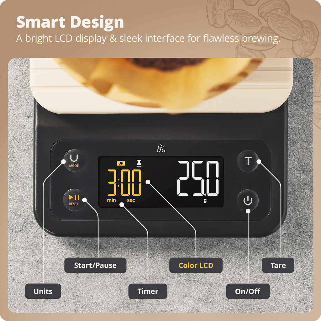 Greater Goods Coffee Scale with Timer, 0.1g Precision, 3kg Capacity, 6-Unit Digital Espresso & Pour-Over Scale, Silicone Waterproof Cover, Auto Shut-Off (Onyx Black)