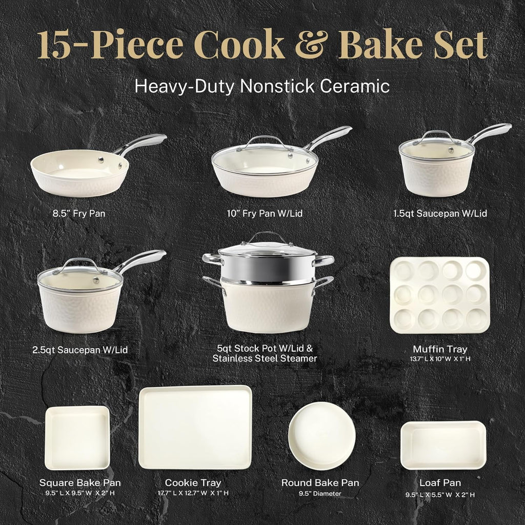 Gotham Steel Hammered 15 Pc Ceramic Cookware Set Nonstick, Deep Copper Pots and Pans Set Non Stick with Bakeware & Deep Fry Pan, Non Toxic Induction Oven and Dishwasher Safe