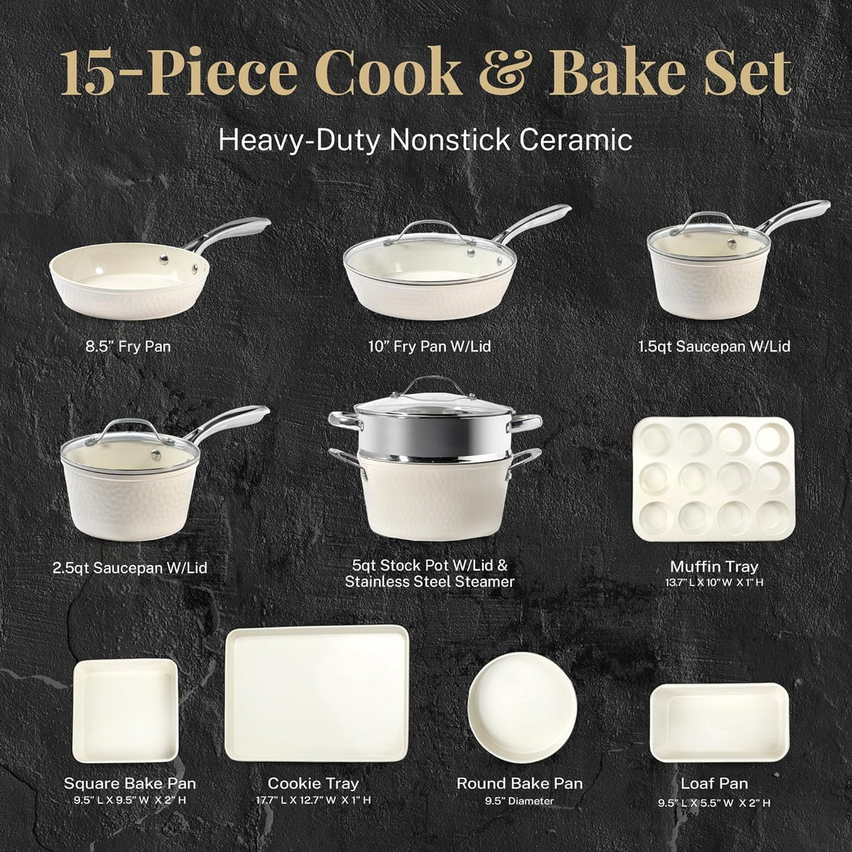 Gotham Steel Hammered 15 Pc Ceramic Cookware Set Nonstick, Deep Copper Pots and Pans Set Non Stick with Bakeware & Deep Fry Pan, Non Toxic Induction Oven and Dishwasher Safe