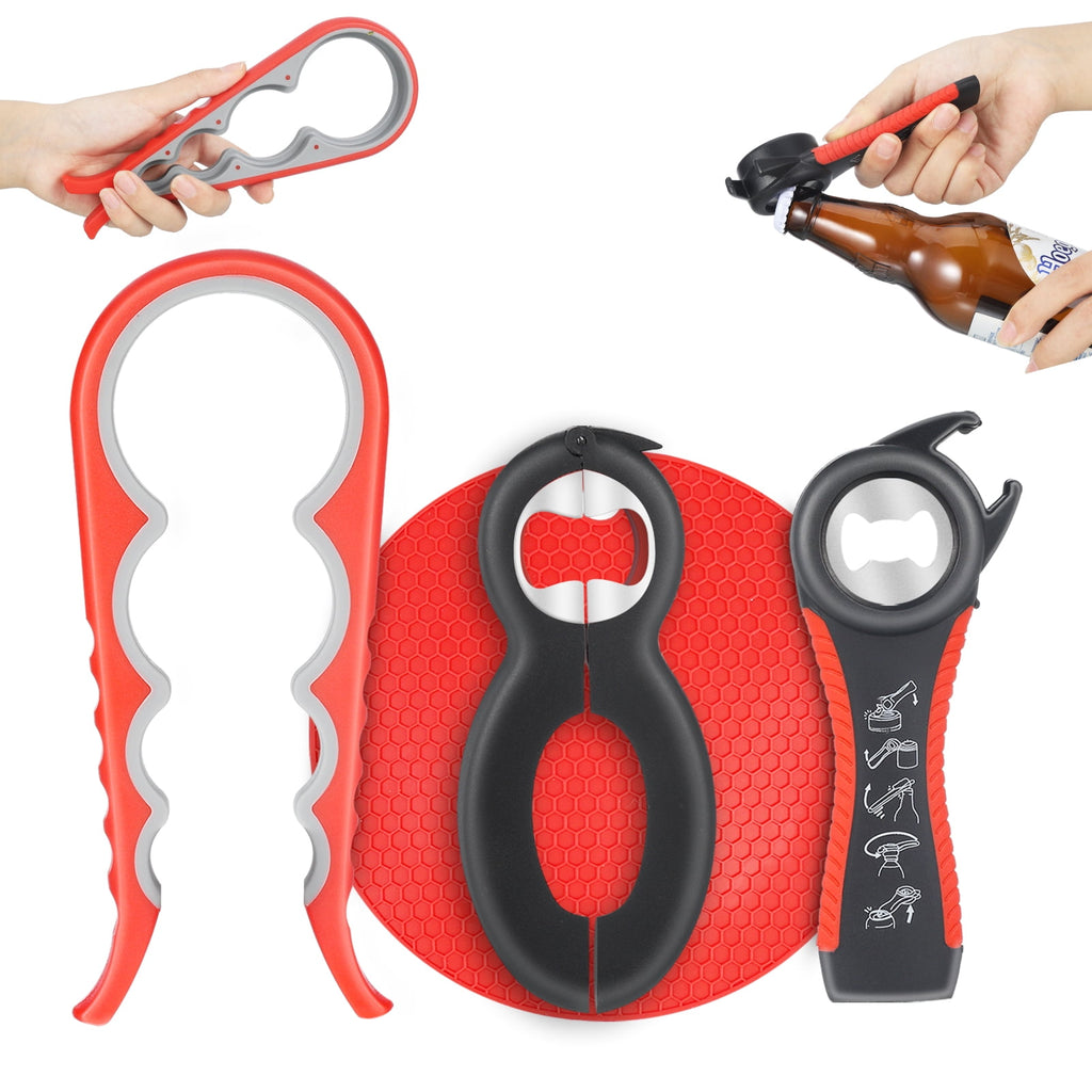sixwipe 4 Pack Jar Opener Bottle Opener for Weak Hands, 5 in 1 Multi Function Opener Bottle Opener Kit, Jar Opener with Silicone Handle, Jar Openers for Seniors with Arthritis, Jar Opener Gripper Pad